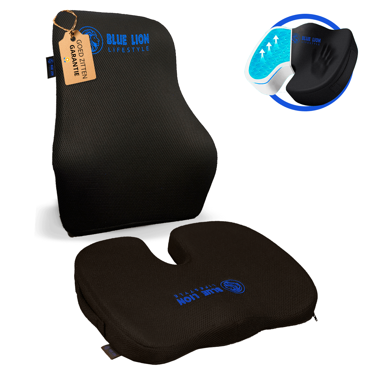 Orthopedisch zitkussen met ergonomische rugsteun - Set + Gel