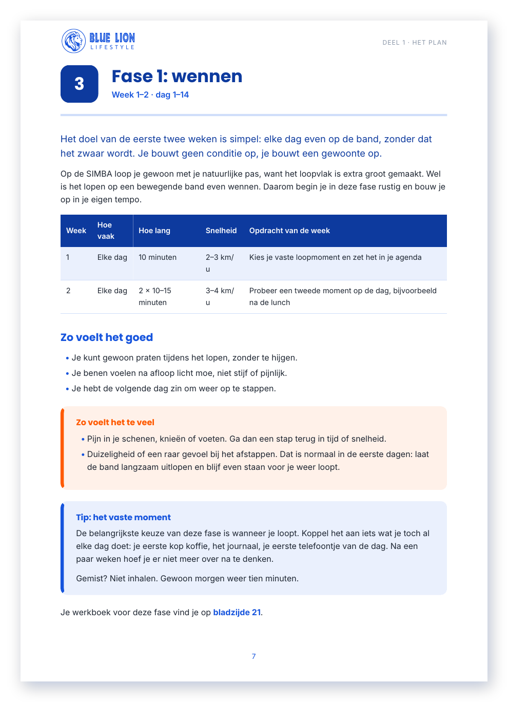 Pagina uit het e-book: weekschema van fase 1