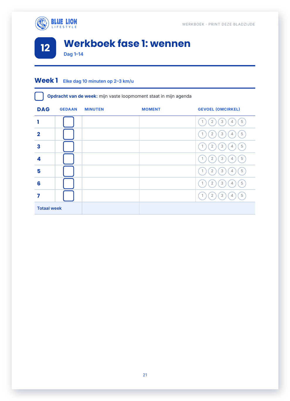 Pagina uit het werkboek met afstreepvakjes voor week 1