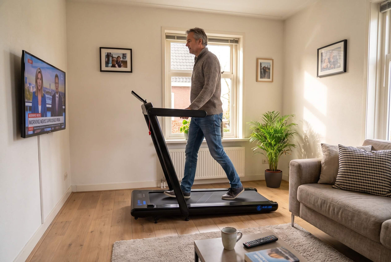 Man wandelt thuis op een inklapbare loopband in de woonkamer