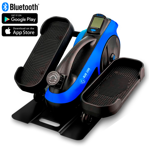 Blue Lion stoelfiets mini hometrainer in zwart en blauw, onder een bureau