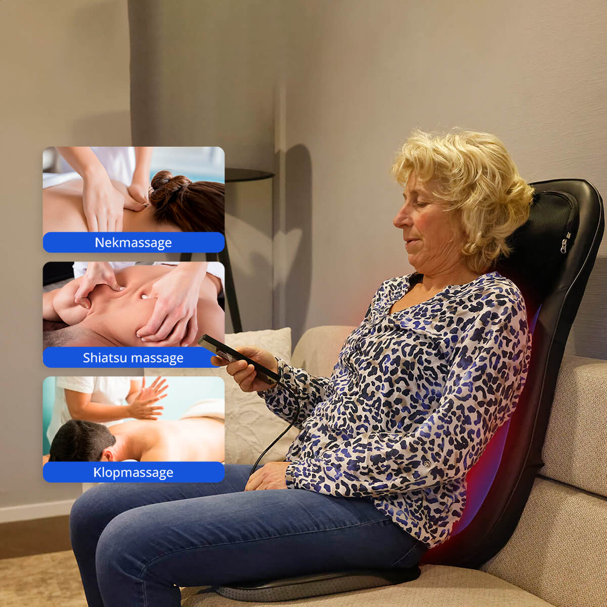 Blue Lion Lifestyle Rug en nek massagekussen met verschillende massagetechnieken