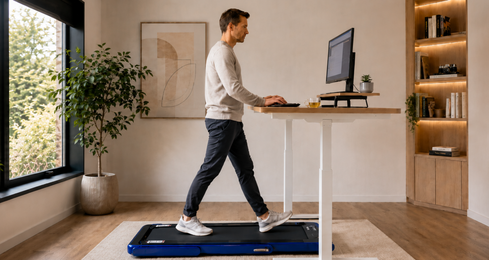 Man wandelt op een inklapbare loopband terwijl hij thuis aan zijn laptop werkt